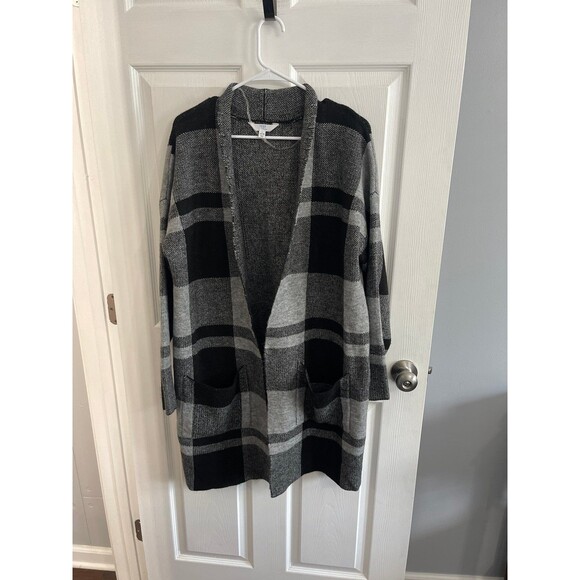 Time and Tru Double Knit Plaid Cardigan Size L(12-14) Black/Gray - Picture 2 of 5